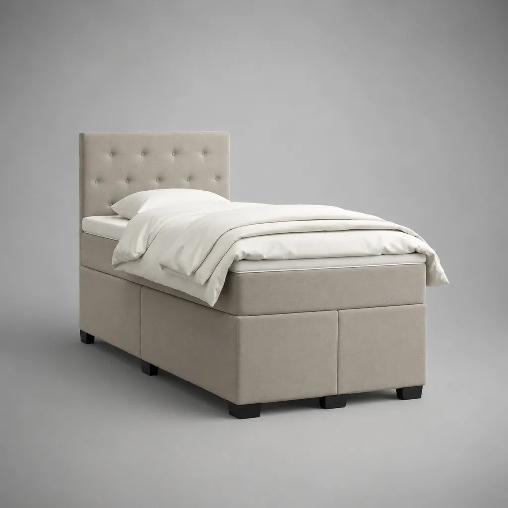 Rechteckiges Boxspringbett-Komplettset aus Stoff, 90 × 200 cm, mit Taschenfederkernmatratze, PU-Schaum-Topper und Kopfteil mit Knopfheftung, Beige und Schwarz