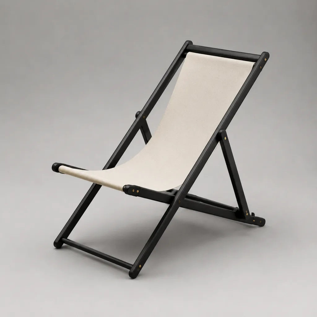 Klappbarer Gartenliegestuhl aus massivem Buchenholz mit Polyester-Canvas, Schwarz/Creme, 101 × 60 × 88 cm