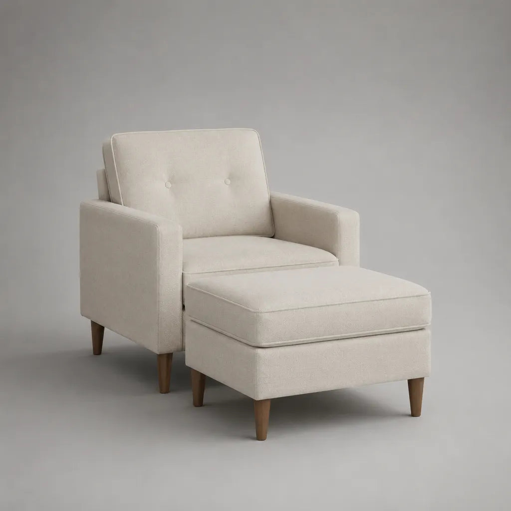 Sessel mit Hocker, 2-teilig, Stoffbezug und Massivholzfüße, Creme, Sessel 78 × 82 × 88 cm, Hocker 62 × 52 × 43 cm