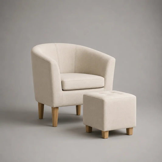 Sessel mit Hocker, 2-teilig, Polyester-Webstoff und Massivholzfüße, Creme/Natur, Sessel 69 × 68 × 76 cm, Hocker 45 × 38 × 34 cm