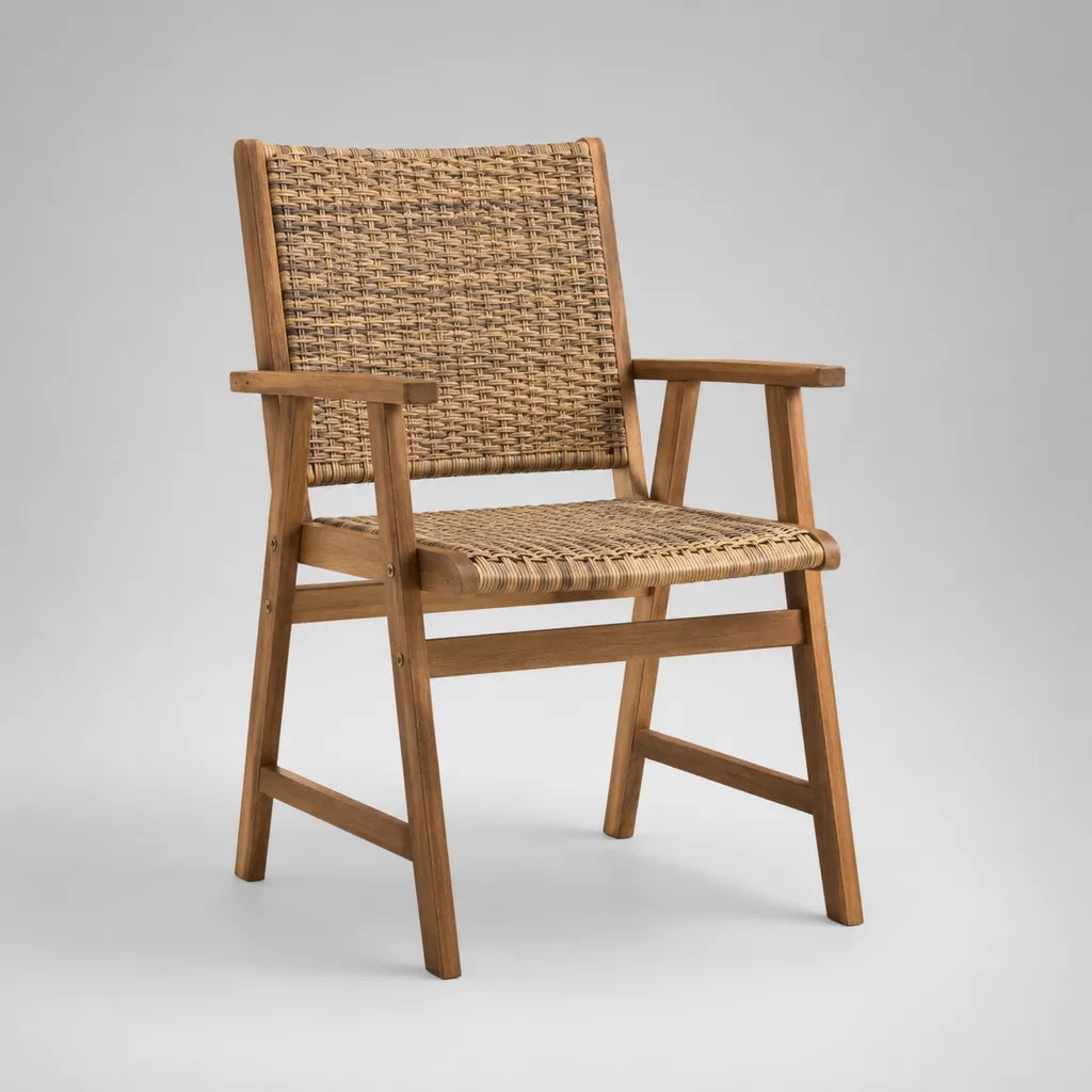 Gartenstuhl mit Armlehnen, Braun/Beige, 58 × 62 × 88 cm, aus Akazienmassivholz und PE-Rattan