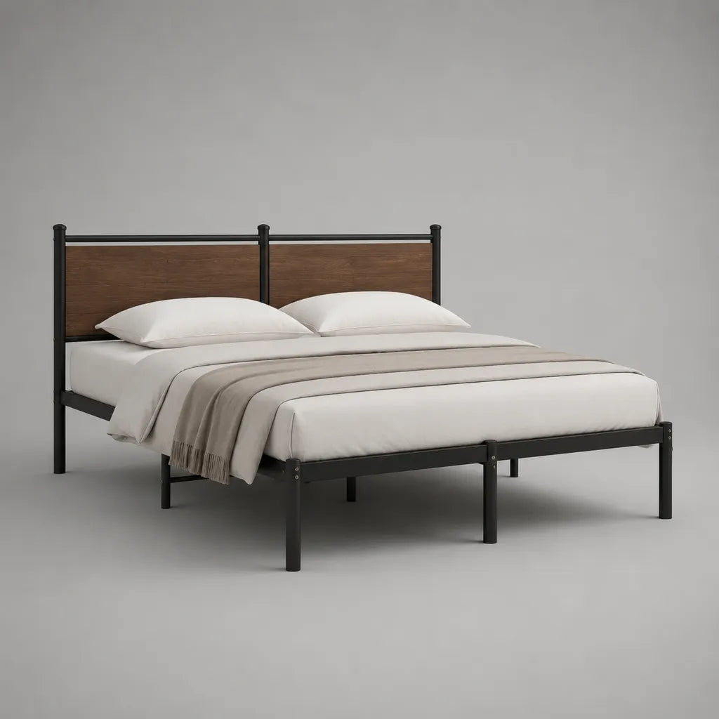 Metallbett mit MDF-Kopfteil und Stahlrahmen, Schwarz/Walnussbraun, 166 x 208 x 110 cm, Liegefläche 160 x 200 cm