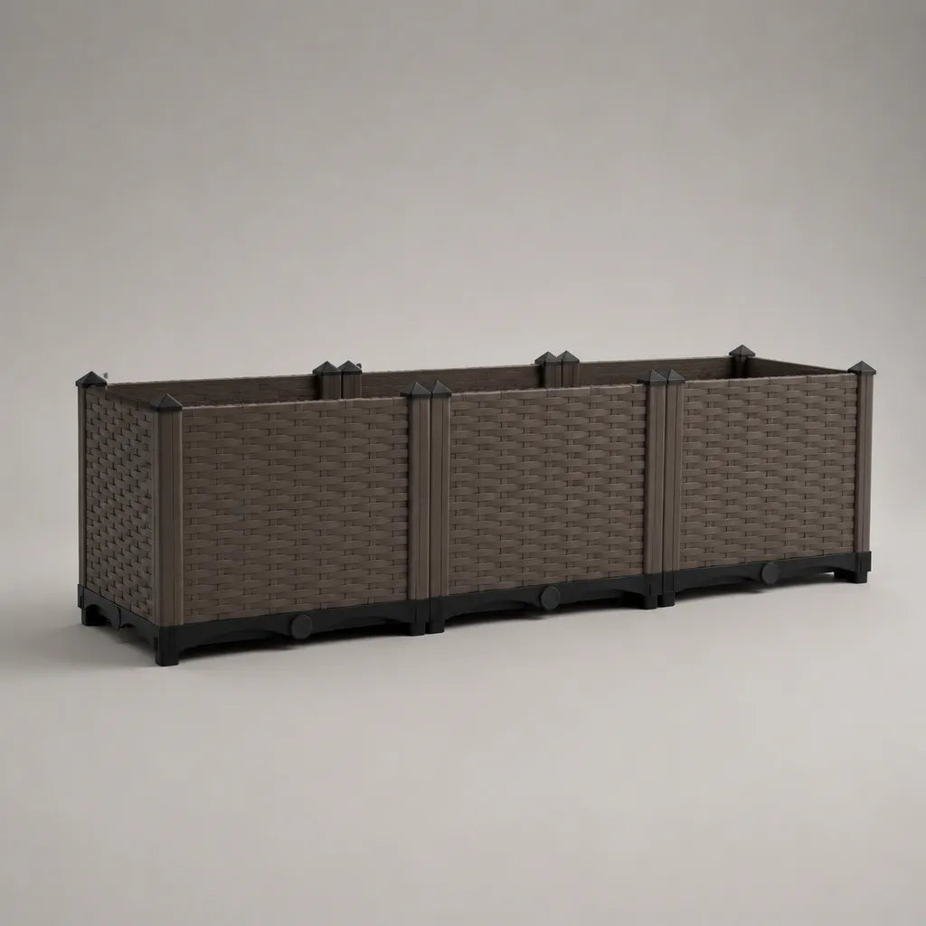 Rechteckiger Pflanzkasten aus PP in Rattanoptik, Braun und Schwarz, 120 × 40 × 38 cm