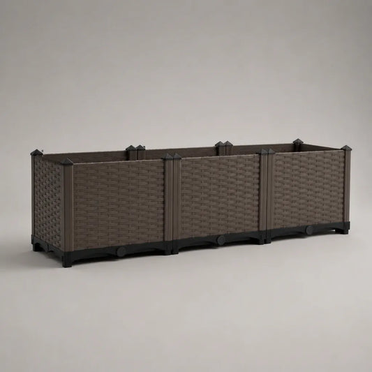 Rechteckiger Pflanzkasten aus PP in Rattanoptik, Braun und Schwarz, 120 × 40 × 38 cm