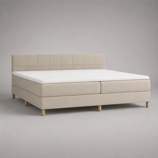 Boxspringbett mit Topper und Polyesterbezug, Beige, Liegefläche 180 × 200 cm, Außenmaß ca. 210 × 190 × 110 cm