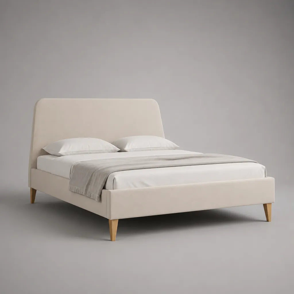 Polsterbett Doppelbett mit Kopfteil und Polyesterbezug, Beige/Naturholz, Liegefläche 160 × 200 cm