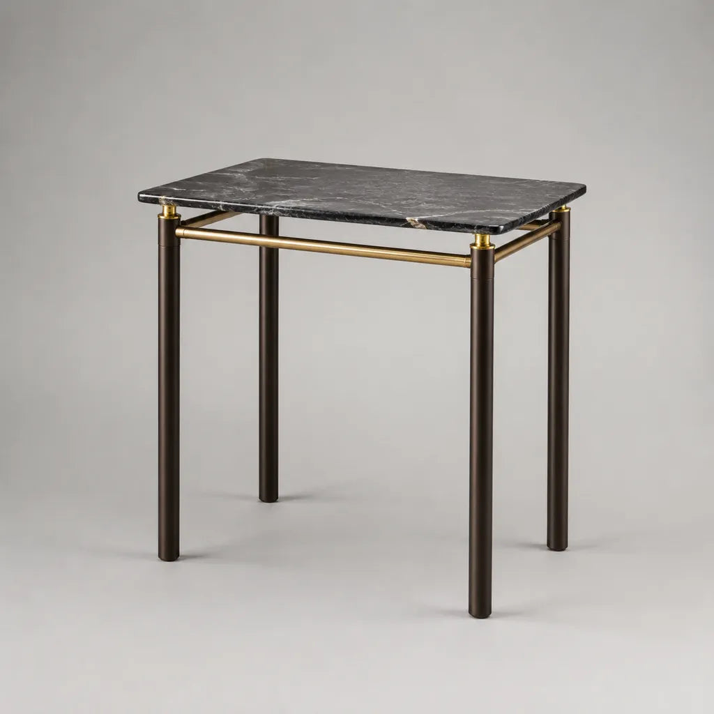Rechteckiger Beistelltisch mit Marmorplatte und Stahlgestell, Schwarz-Grau, Dunkelbraun und Gold, 60 × 40 × 60 cm