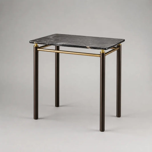 Rechteckiger Beistelltisch mit Marmorplatte und Stahlgestell, Schwarz-Grau, Dunkelbraun und Gold, 60 × 40 × 60 cm