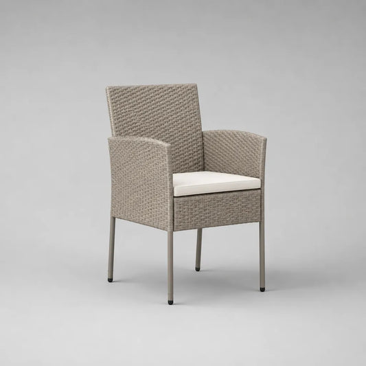 Gartenstuhl mit Armlehnen aus PE-Rattan und Stahl, Taupe/Creme, 58 × 61 × 89 cm